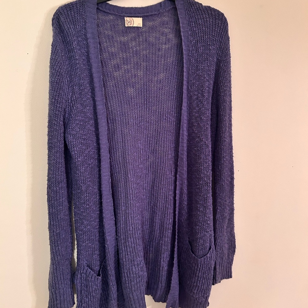 SO Purple Cardigan Sweater Ribbed Knit Open Front